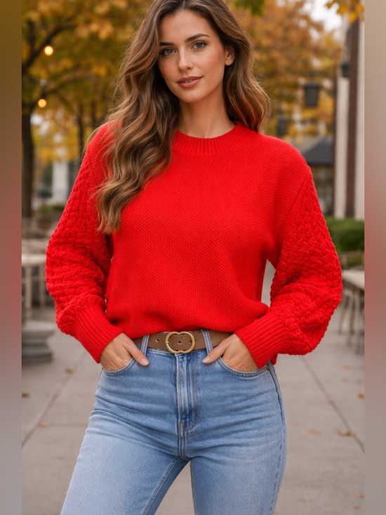 NME Sweaters - NWOT Red Textured Knit Sweater | Balloon‎ Sleeve | Cozy Chunky | Size XL